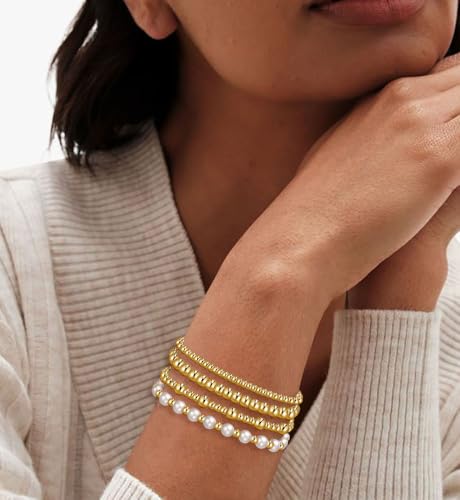 Gold Beaded Bracelets for Women, 14K Real Gold Plated Jewelry for Women Dainty Pearl Bead Bracelets Stack, Non Tarnish Trendy Stackable Ball Cross Stretch Bracelet Set Fashion Accessories Gifts - color: 5 PCS Gold pearl