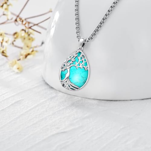 Turquoise/Amethyst/Moonstone/Black Onyx Tree of Life Necklace for Women Hummingbird Necklaces White Gold Plated Copper Jewelry - style: B-Tree of Life -Turquoise