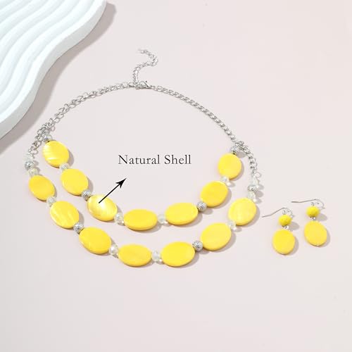 2 Layered Chunky Beaded Shell Necklace for Women Sea Shell blue/yellow/red/green/turquoise/teal/white Statement Necklace and Earring Set Elegant Women Necklace Set Jewelry Sets for Women - color: Yellow