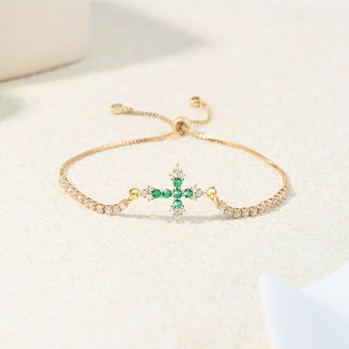 VIBILIA Bracelets for Women, Cross Bracelets for Women Trendy, Dainty Tennis Bracelet, Catholic Gift for Mom Daughter Wife Sister Friend, Communion Gift on Birthday Valentine's Day Easter Mother's Day - color: I. Gold-Green