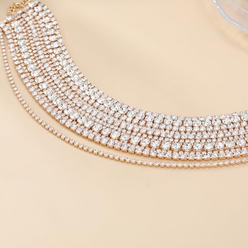 Rhinestone Bling Multi-layered Faux Diamond Choker Necklace for Women Unisex,Sparkly Iced Out Tennis Shiny Collar Neclace Prom Party Formal Dressy Necklace Statement Crystal Jewelry - color: gold