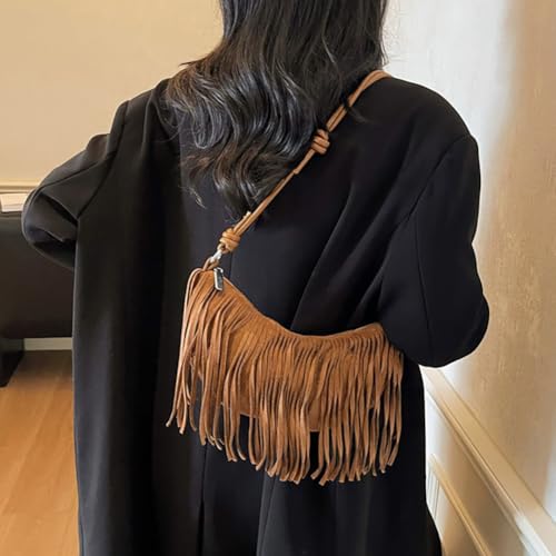 Women's Vegan Suede Fringe Crossbody Bag, Boho Crescent Shoulder Crossbody Purse, Retro Tassel Hippie Small Handbag Tote - color: Brown