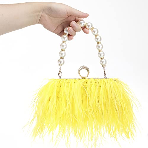 Women Real Natural Ostrich Feather Evening Bags Purses Clutch Vintage Banquet Handbag - color: Yellow
