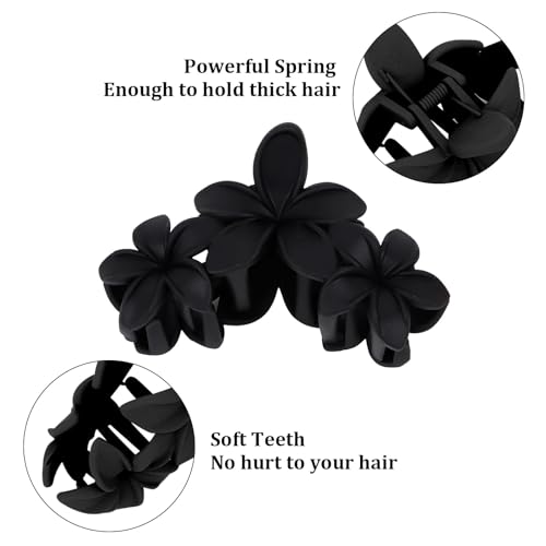 4PCS Matte Flower Hair Clips - Non-Slip Large Plumeria Clips for Thick Hair, Strong Hold for Women and Girls (Black) - color: black