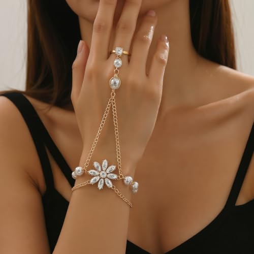 Hand Chain Bracelets for Women Elegant Gemstone Flower Hands Harness Bracelet Adjustable Finger Ring Bracelet Hand Chain Wrist to Finger Hand Jewelry Gift for Women - color: White