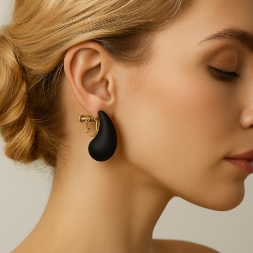 14K Gold Clip On Earrings Women,Teardrop Chunky Detachable Hoop Clip-On Earrings for Non Pierced Ears Hypoallergenic Lightweight Earring Clips - color: Black