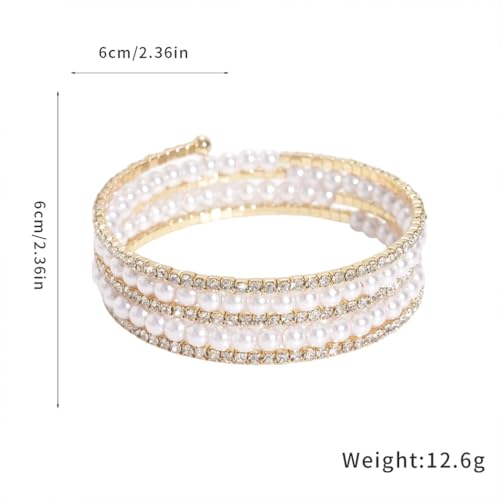 Silver Pearl Bracelet for Women Sparkly Stretch Rhinestone and Pearls Bangle Cuff Adjustable Faux Diamond CZ Bracelets Bling Wedding Costume Jewelry - color: Gold-5Row
