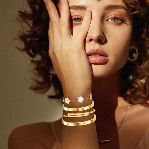 Womens Stackable Floral Gold Bracelets - 4Pcs 18K Gold Plated Bracelet,Stainless Steel Bangle Bracelets Non Tarnish, Gold Bracelet Set Trendy Jewelry,Christmas Valentines Birthday Gifts for Girlfriend - color: Bracelets Stack 4Sets (Floral White+Gold Brac