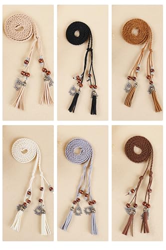 TeeYee Waist Belt Woven Knitted Rope/Chain PU leather 3 Pieces Tassel Rope Skinny Belt - color: 018blackredcoffee