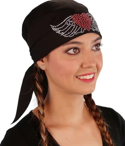 Sparkling EARTH - American Made Skull Caps Doo Rags Do Rag Durag Headwrap Head Wraps Skullies - Made in The USA! - color: Black Skull Cap With Large Heart and Wings Rhinestud Rhinestone
