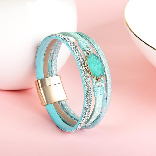 Boho Leather Wrap Bracelets Bohemian Crystal Bracelets Trendy Layered Bracelet with Magnetic Clasp Jewelry Gifts for Women - color: Green