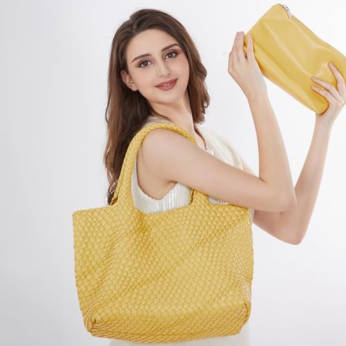 Woven Tote Bag Womens Purse Vegan Leather Shoulder Handbags Fashion Summer Beach Tote Bags Large Travel Totes - color: Yellow