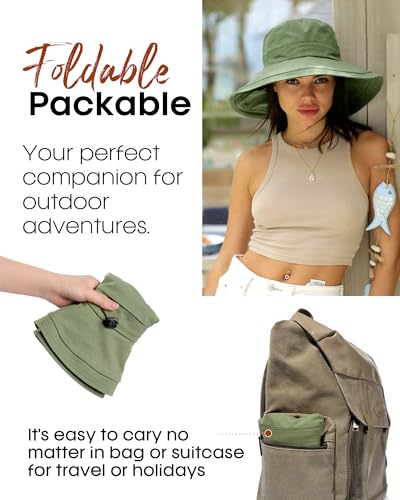 Sun Hats for Women Gardening Hat Wide Brim Ponytail Beach Sun Protection Breathable Cotton Summer Hat with Fold-Up Brim - color: Green
