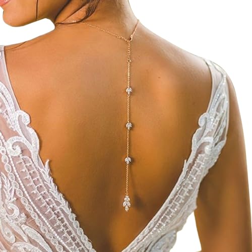Simple Crystal Flower Back Chain Body Jewelry for Women Sexy Rhinestone Body Chain Necklace Bridal Wedding Backdrop Jewelry for Backless Dress - color: Gold