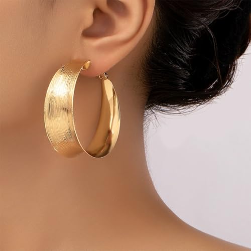 Chunky Gold Circular Statement Hoop Earrings Trendy Texture Large Piercing Dangle Drop Earrings - color: Gold