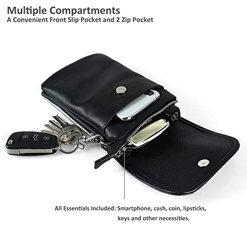 befen Genuine Leather Small Crossbody Bags for Women Cell Phone Bag Cross Body Purses,Silver Zipper - color: Black+touch Screen