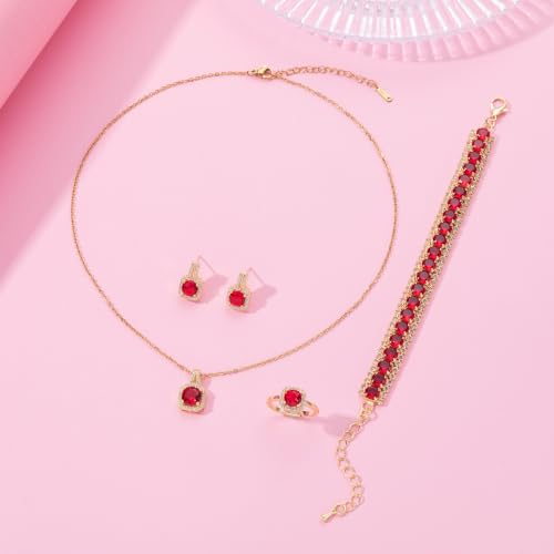 Paxuan 4pcs Cubic Zirconia Wedding Jewelry Sets for Bride Bridesmaid Cubic Zirconia Pendant Necklace Earrings Link Tennis Bracelet Open Ring Set for Women - color: Gold Plated Red Cubic Zirconia