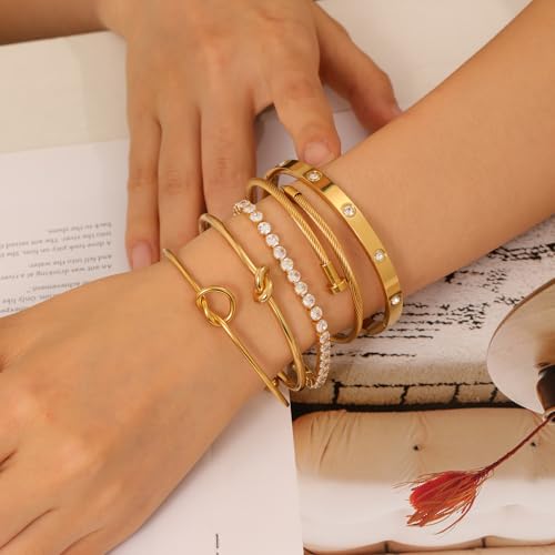 18 K Gold Plated Love Bangle Bracelet Stack Cuff Jewelry for Women Jewelry Set for Women Gift with Box - style: style6