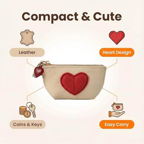 Red Heart Design Small Coin Purse - Cute Compact Keychain Change Purse Soft Leather Wallet with Zipper for Women (White) - color: White