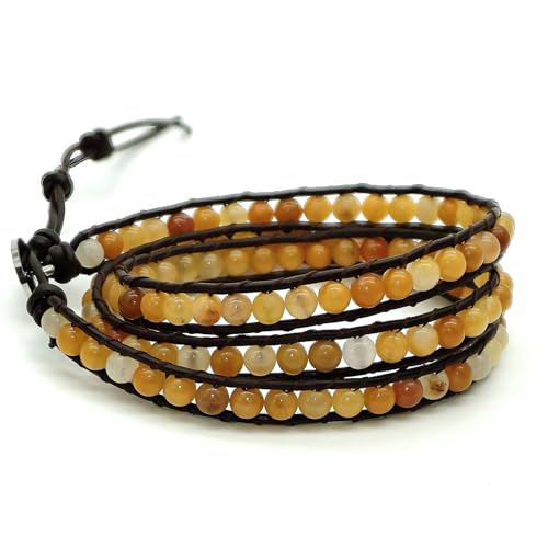 3 Wrap Genuine Leather Bracelet Gemstone Bead - color: Apricot OY