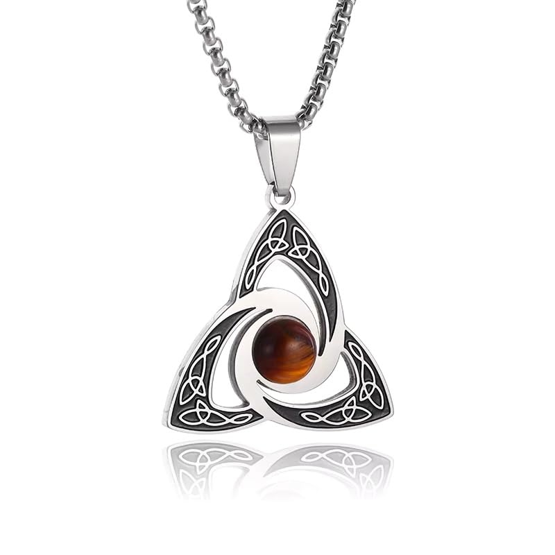 Irish Trinity Celtic Knot Power Stone Pendant Necklace Women Men Witches Knot Amulet Lucky Knot Jewelry - color: silvery