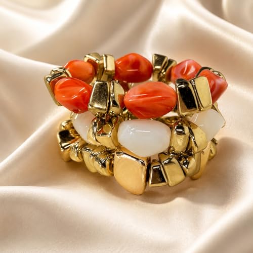 Gold Bracelet Stack For Women, 3Pcs Jade Vintage Chunky Stackable Stretch Boho Western Adjustable Bracelet Stacks Statement Dainty Tarnish Free Waterproof Jewelry Gift - color: Unique-Orange