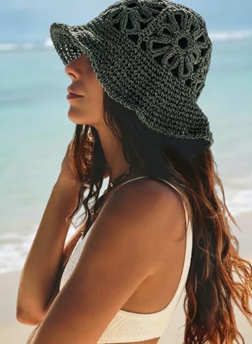 Handmade Women's Crochet Straw Bucket Hat Packable Daisy Beach Cap | Adjustable Inner Drawstring, Airy Lightweight Paper Fiber, Face Shade, Easy Storage, Feminine Openwork Floral Style - color: Green