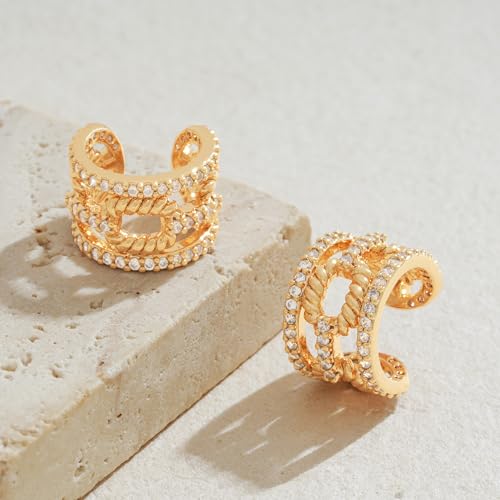 MTMY Gold Ear Cuff Earring for Women 14K Gold Plated Cubic Zirconia Non-Pierced Clip on Cartilage Chunky Ear Cuffs Hypoallergenic Jewelry - style: chain / pair