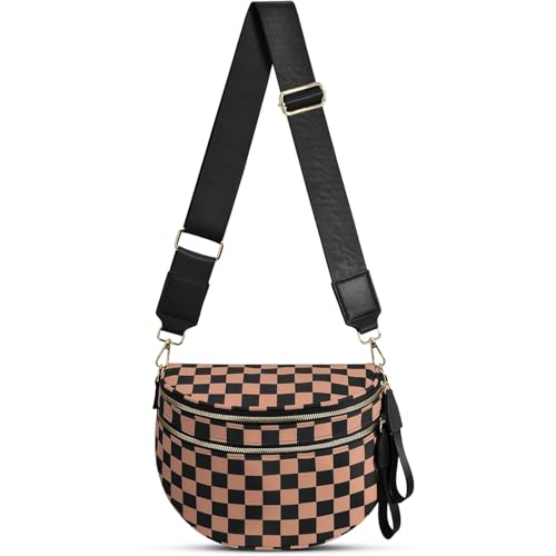Checkered Crossbody Bag for Women Bum Bag Spacious Nylon Fanny Packs Cross Body Shoulder Purses Bag Handbags - color: Khaki Checkered