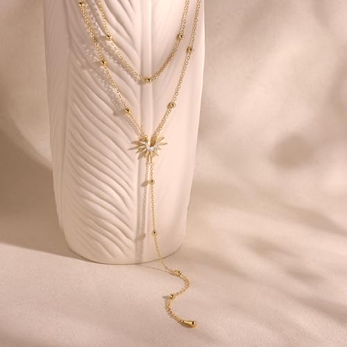 CHESKY Long Necklaces for Women, 14k Gold Plated/Streling Silver Lariat Necklace Dainty Statement Prom Necklace Rosary Cross Sun Drop Pendant Dangle Necklace Gold Prom Jewelry for Women Gifts - style: y necklace 13