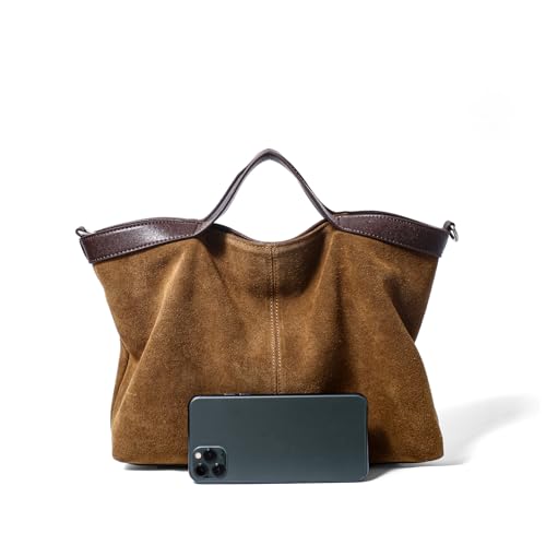 Dreubea Womens Suede Leather Shoulder Handbag Top-handle Crossbody Purse - color: Brown