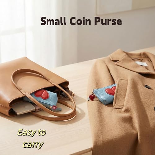 Red Heart Design Small Coin Purse - Cute Compact Keychain Change Purse Soft Leather Wallet with Zipper for Women (Light Blue) - color: Light Blue