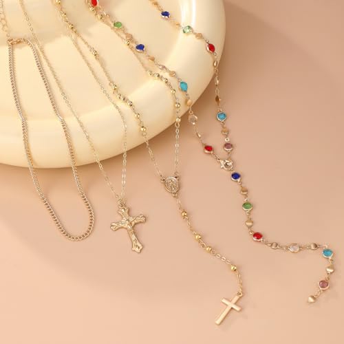 4PCS Layered Gold Cross Necklaces for Women Multi Strand Colorful Rosary Necklace Set Trendy Bohemian Bead Pearl Y Long Pendant Necklace Adjustable Gold Stack Necklace Jewelry Accessory