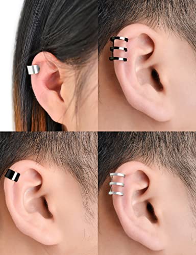 Tornito 4-10 Pairs Stainless Steel Ear Cuff Helix Cartilage Clip On Wrap Earrings Fake Nose Ring Non-Piercing Adjustable - color: F1:10 Pairs, Silver&Black Tone