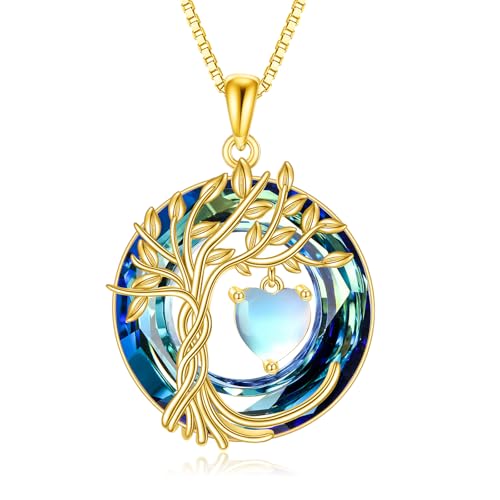 POPLYKE Mothers Day Gifts for Mom Her Wife Tree of Life Necklace 925 Sterling Silver Birthstone Pendant with Crystal Anniversary Birthday Wedding Jewelry for Women - color: 06-Jun-Moonstone, style: 18K Gold Plated-Blue Crystal