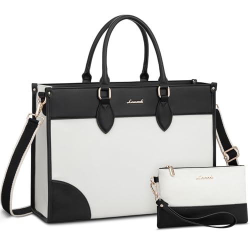 LOVEVOOK Laptop Bag for Women 15.6 lnch,Waterproof Laptops Tote Bags for Womens,Professional Work Bags for Women with Cup Holder,Large Laptop Purse Computer Briefcase Office Teacher Clutch Bag,2 PCS - color: Off-white - Black, size: 15.6 Inch