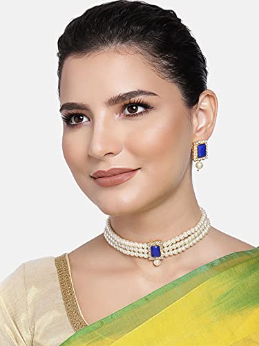 Aheli Ethnic Choker Necklace Earrings Wedding Bollywood Party Jewelry Set Gift for Women - color: Blue 1