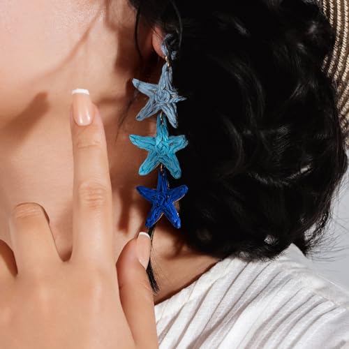 Boho Raffia Earrings Starfish Shell Seashell Dangle Drop Earrings Cute Statemnet Trendy Jewelry Summer Beach Outfits for Women - color: Blue, size: Seastar