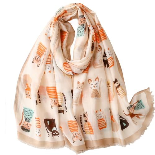 WaJuemy Travel Boho Scarf for Women Casual Lightweight Pashmina Scarves Fashion Multicolor Shawl Wraps with Fringed Beads - color: 22 Khaki Cat