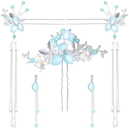 HINZIC 5pcs Flower Tassels Hairpin for Women, Non-Slip Crystal Pearl Silverstick Hair Clips, Retro Chinese Hanfu Wedding Brides Hair Accessories for Long Hair- Silver - color: Silver Magpie Bridge