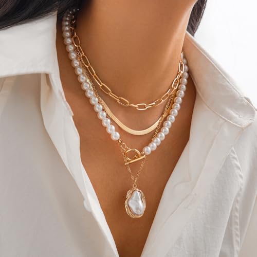 Layered Pearl Necklace for Women,Chunky Baroque Pearl Statement Necklace,Gold Irregular Bead Necklace Vintage Jewelry