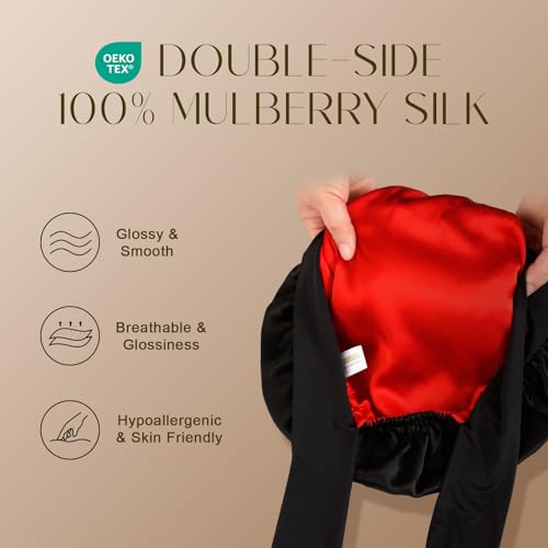 ZIMASILK 100% Mulberry Silk Bonnet for Sleeping Women Long Hair Double Layer Silk Hair Wrap with Tie Band Stay On Head (1Pc, Black) - color: Black