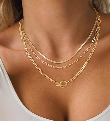 CHESKY Layered Necklaces for Women, 14K Gold Plated Chain Necklace Women Trendy Cuban Link Paperclip Chain Toggle Clasp Necklace Fashion Chunky Jewelry for Women - style: chain3-gd
