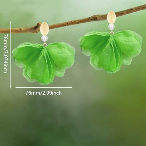 Handmade Fabric Flower Petal Fringe Dangle Drop Earrings Bohemian Floral Tassel Stud Earrings For Women - color: Green