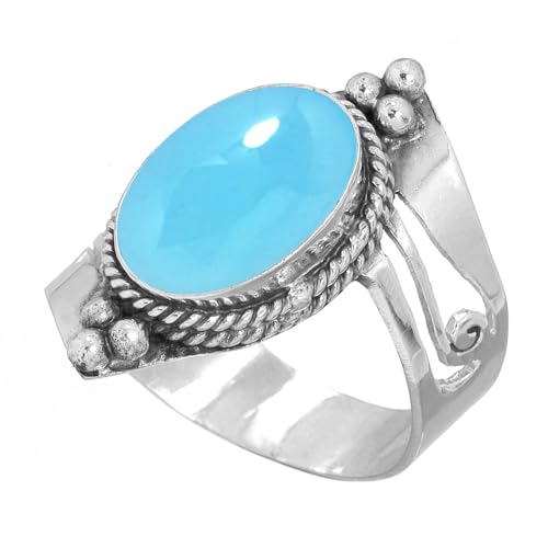 Handmade 925 Sterling Silver Plated Ring Natural Gemstone Carnelian, Rose Quartz, Tiger Eye, Crystal Oval Boho Jewelry For Women - color: Blue Chalcedony