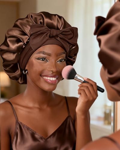 YANIBEST Adjustable Satin Bonnet for Sleeping Women Double Layer Hair Wrap Reduce Friction Prevent Frizz Natural Curly Hair - color: Brown