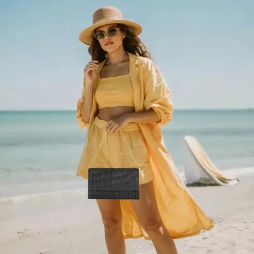 Huralona Women Straw Woven Clutch Purse Pleated Handbag for Summer Beach Vacation Straw Shoulder Crossbody Bag - color: Black3