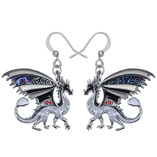 Enamel Alloy Dinosaur Fantasy Dragon Earrings Drop Dangle Unique Animal Jewelry For Women Dragons Gifts - color: Charcoal