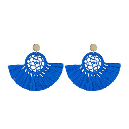 Boho Raffia Summer Beach Earrings for Women, Large Statement Dangle Drop, Lightweight Handmade Woven Fan Tassel Jewelry - color: Royal Blue