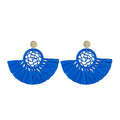 Boho Raffia Summer Beach Earrings for Women, Large Statement Dangle Drop, Lightweight Handmade Woven Fan Tassel Jewelry - color: Royal Blue